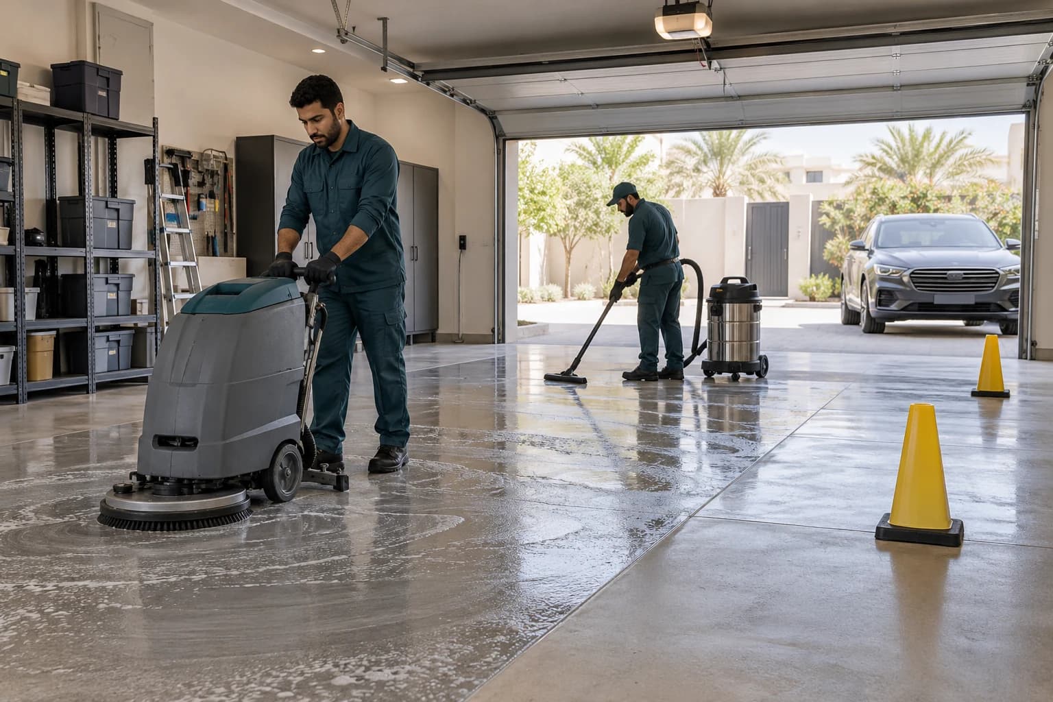 شركة تنظيف جراجات بالرياض تستخدم ماكينة أرضيات وشفاطاً داخل جراج فيلا