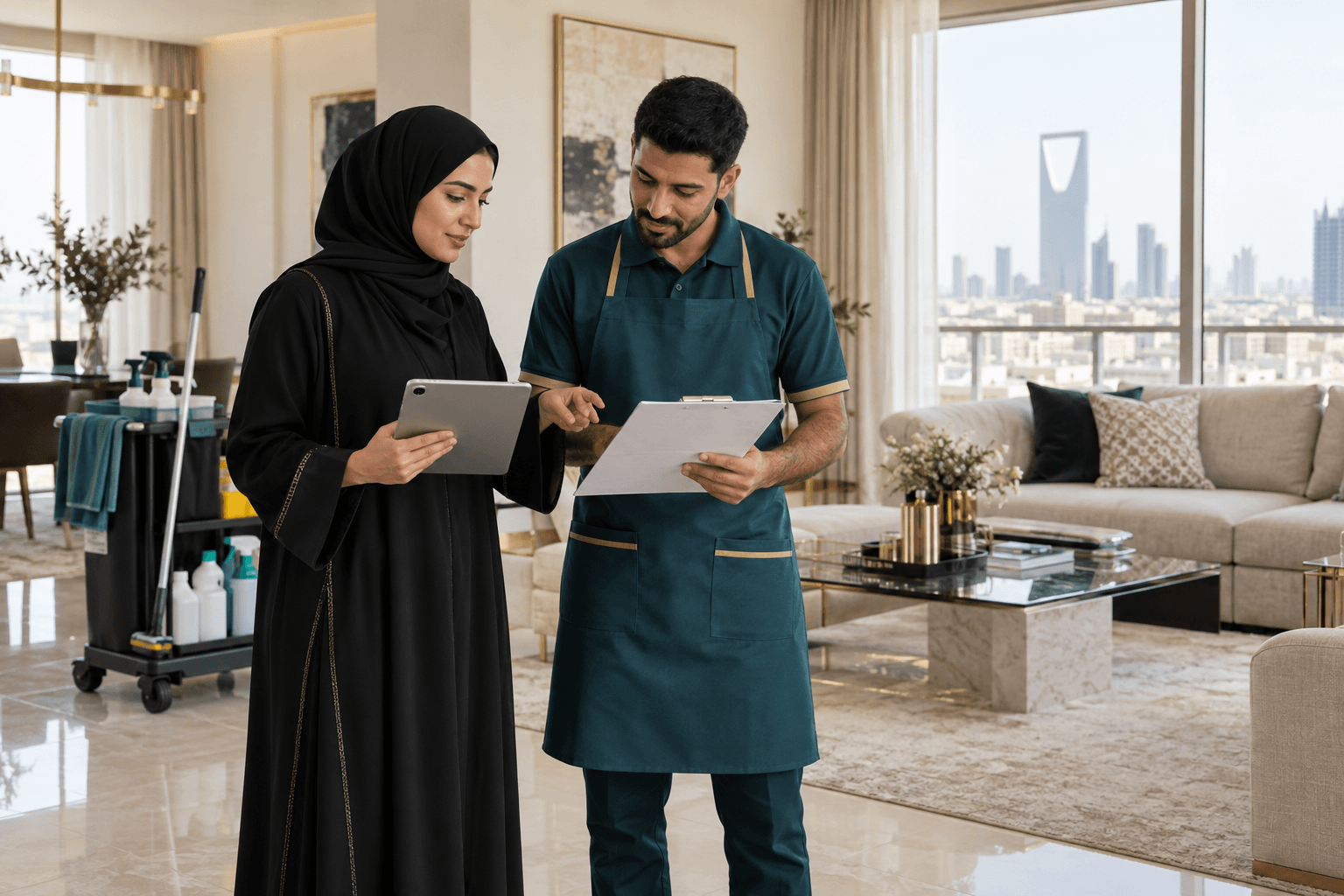 تجهيز فريق ومواد شركة تنظيف منازل شمال الرياض قبل تنفيذ الخدمة داخل العقار