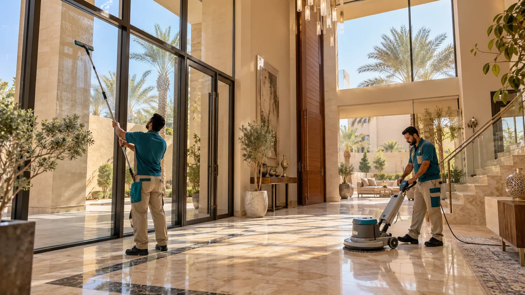 فريق شركة تنظيف فلل ومنازل في حي غرب الرياض بالرياض أثناء الخدمة