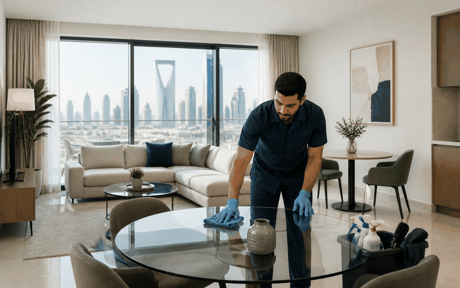 عامل تنظيف ينظف طاولة زجاج داخل شقة حديثة بالرياض