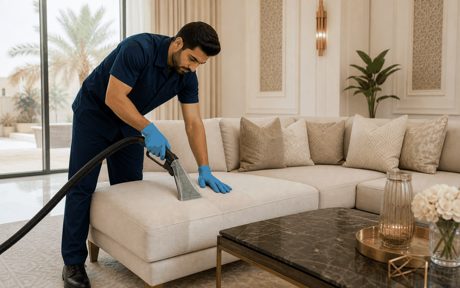 عامل متخصص ينظف كنب بجهاز شفط في مجلس بالرياض