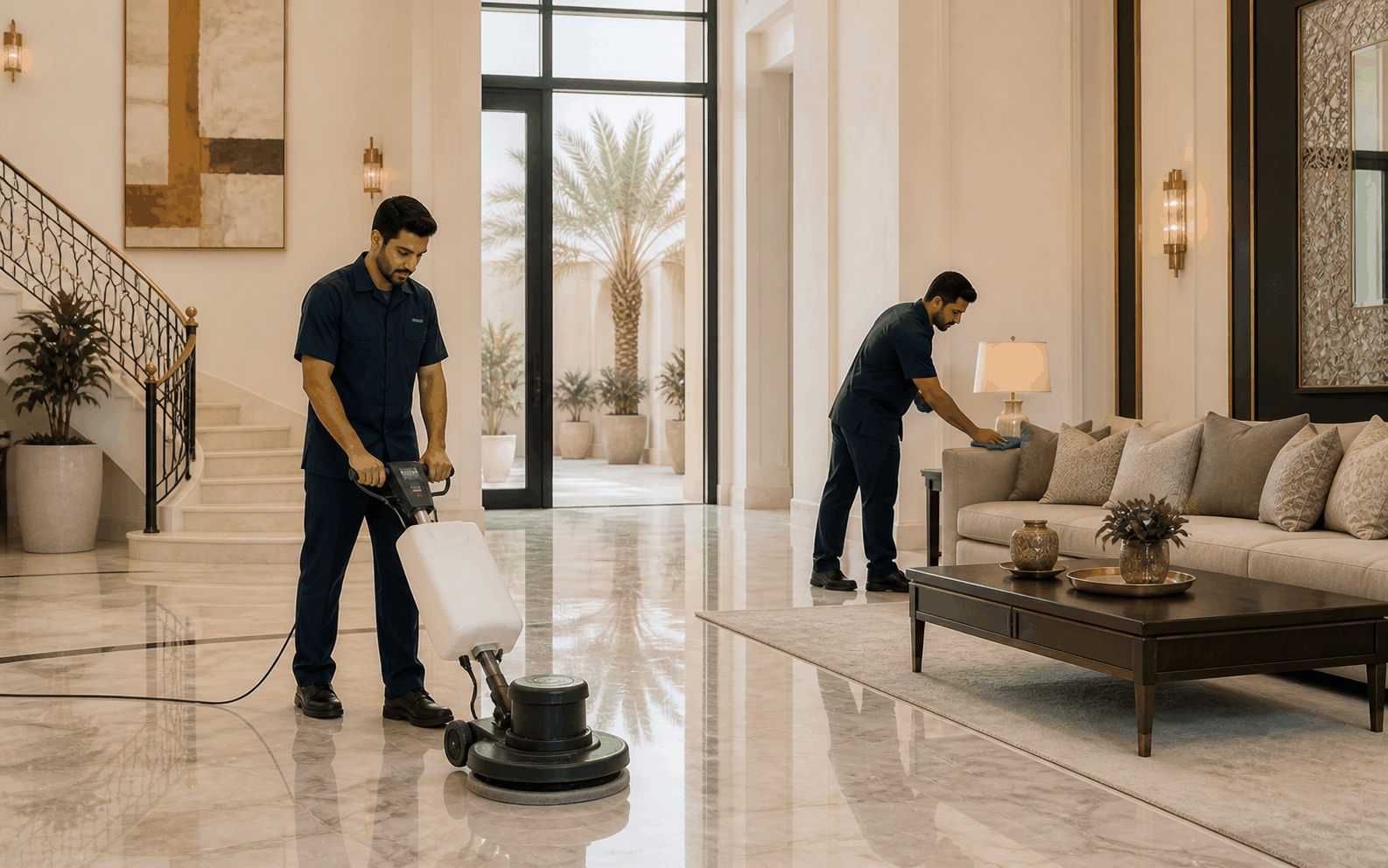 فريق تنظيف ينظف أرضيات ومجلس في فيلا فاخرة بالرياض